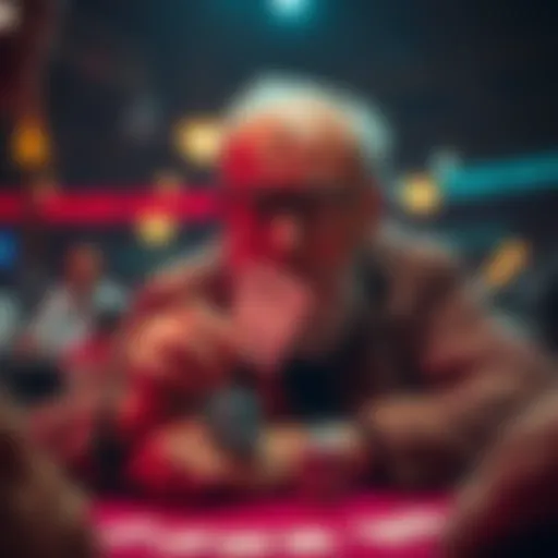 An elderly man slowly revealing his poker hand during a tense tournament moment