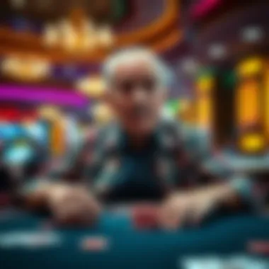 Old Poker Player in Vegas An elderly man at a poker table looking surprised as he is caught trying to cheat, with cards and chips in front of him in a casino setting.