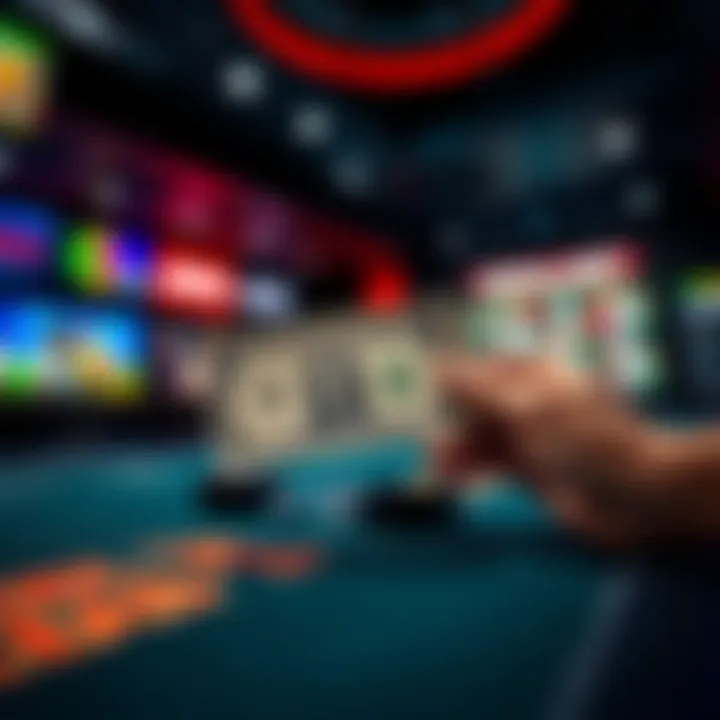 A hand placing a one dollar bill on a sports betting table with a variety of game options in the background