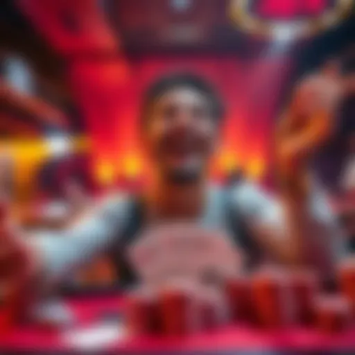 A person celebrating their online Baccarat win, showing excitement and joy, surrounded by casino-themed elements like cards and chips.