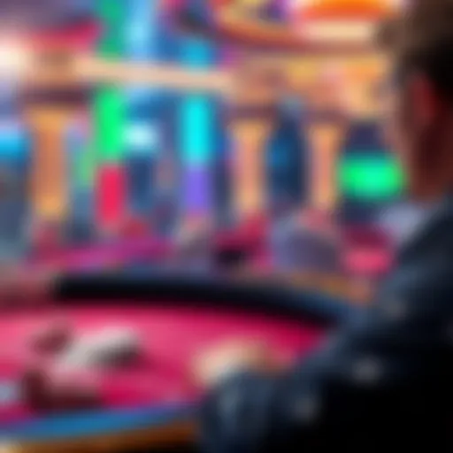 A player observing an online baccarat table with augmented reality effects, looking concerned about potential manipulation, with chips and cards visible on screen.