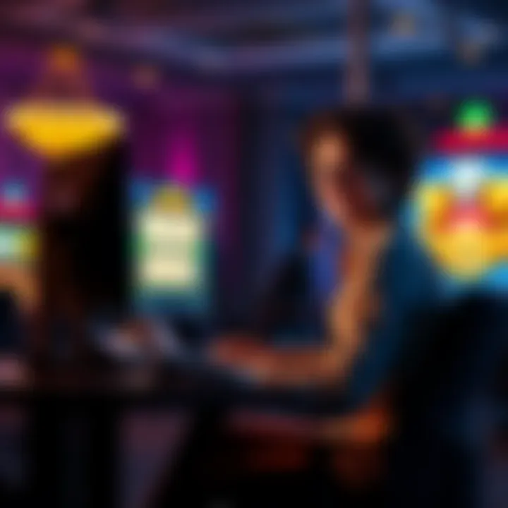 Online Casino Experience A person sitting at a computer, playing an online casino game, showing excitement after a win, with casino-themed graphics in the background.