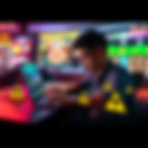 A person researching online casino operators on a laptop with warning symbols around