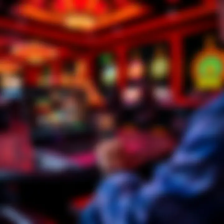 A person playing online casino games on a laptop, showing various game graphics on the screen and casino-themed decorations in the background