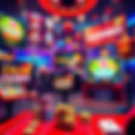 A vibrant scene showcasing various online casino games like slots and poker with promotional banners