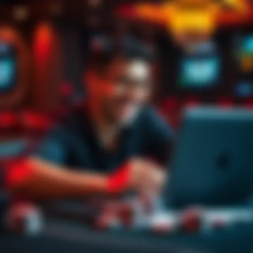 A happy player looking at their laptop with a big smile after winning at an online casino, with chips and cards on the table