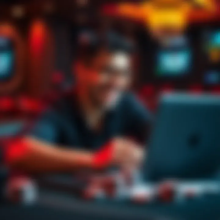 A happy player looking at their laptop with a big smile after winning at an online casino, with chips and cards on the table