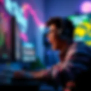 A person sitting at a computer playing an online game, showing excitement and focus