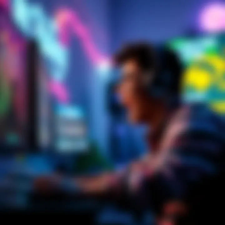 A person sitting at a computer playing an online game, showing excitement and focus