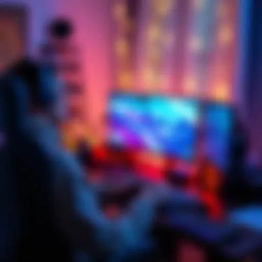 A person playing video games on a computer at home in Poland, surrounded by gaming accessories.