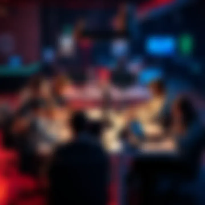 A group of people sitting around a table, discussing and sharing tips about online gaming sites, with laptops and gaming consoles in front of them.