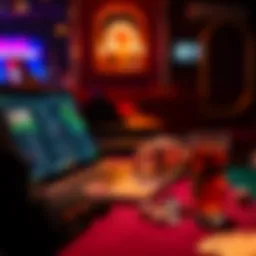 A person using a laptop to play online poker with cryptocurrency while sitting at a table with poker chips and a drink.