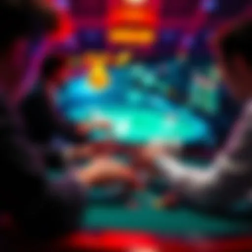 Players engaged in an online poker game, with cards and chips visible on the screen.