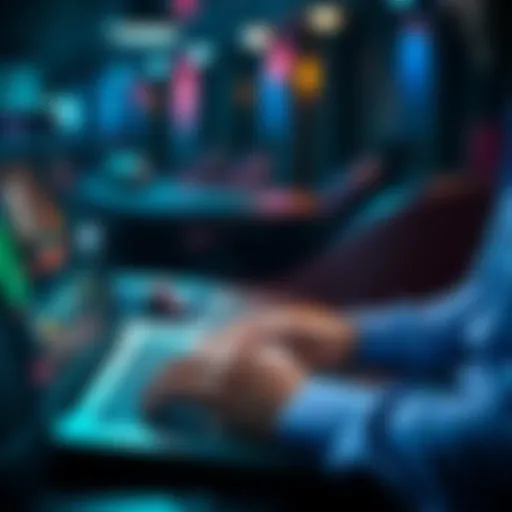 A person playing poker online on a laptop with poker chips and cards visible