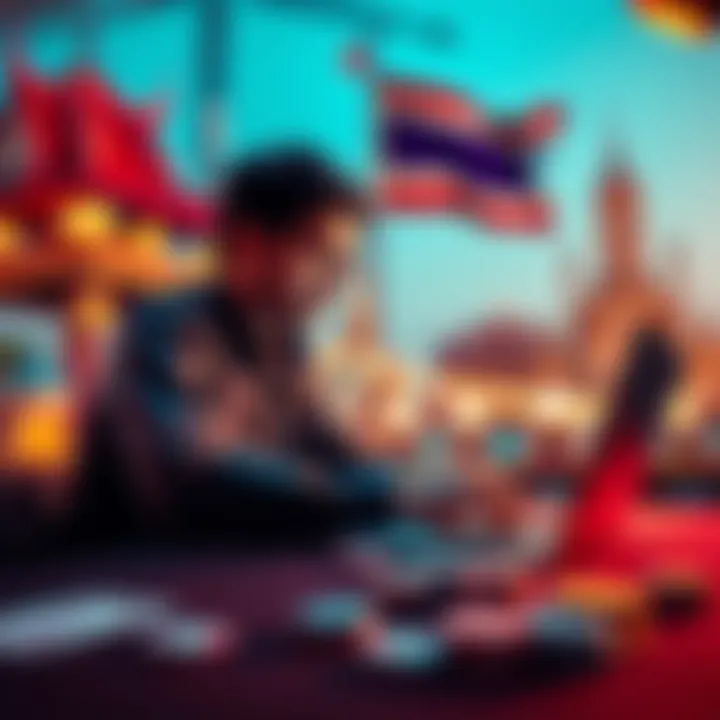 A person playing poker on a laptop in a Thai setting with symbols of Thailand in the background