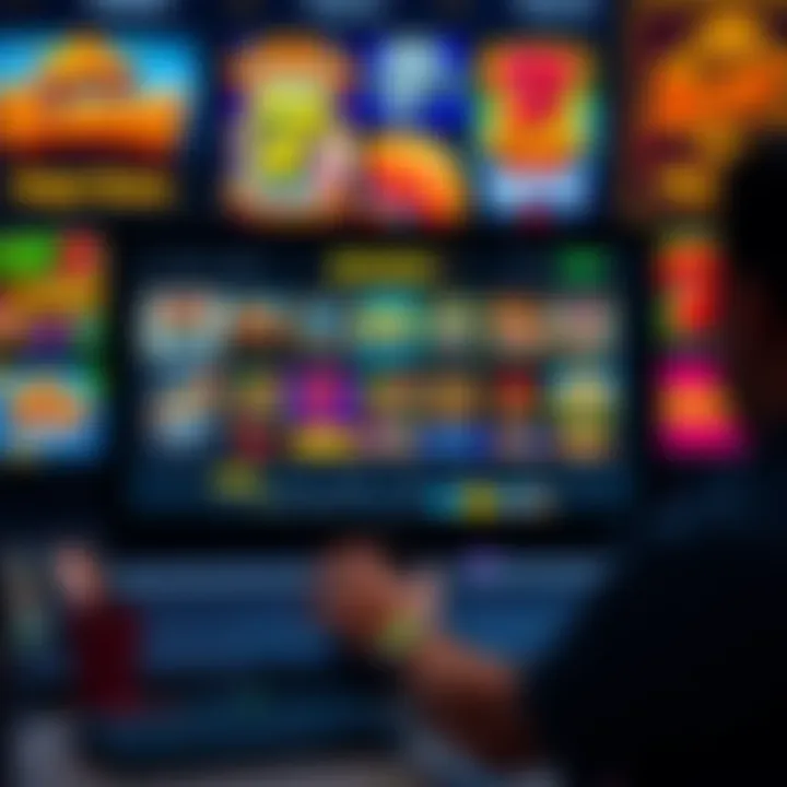 Online slot games selection Various online slot games displayed on a computer screen with a person choosing one