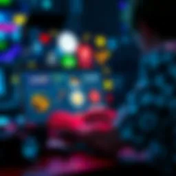 A person using a laptop to explore online betting sites with various logos and symbols representing gambling