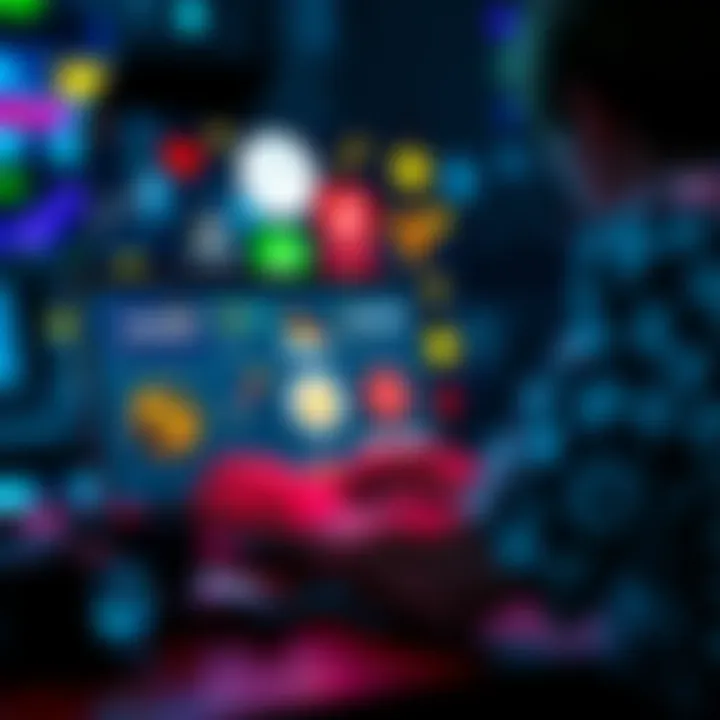A person using a laptop to explore online betting sites with various logos and symbols representing gambling