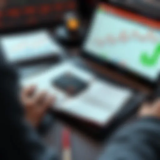 A person analyzing their online betting returns with a calculator and a notebook, surrounded by betting slips and a laptop showing graphs.