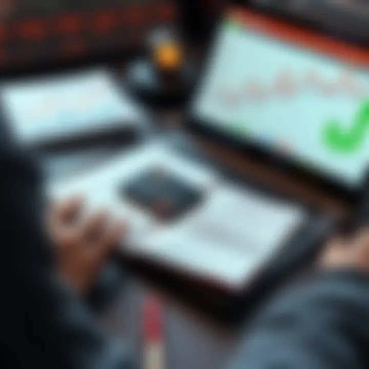 A person analyzing their online betting returns with a calculator and a notebook, surrounded by betting slips and a laptop showing graphs.