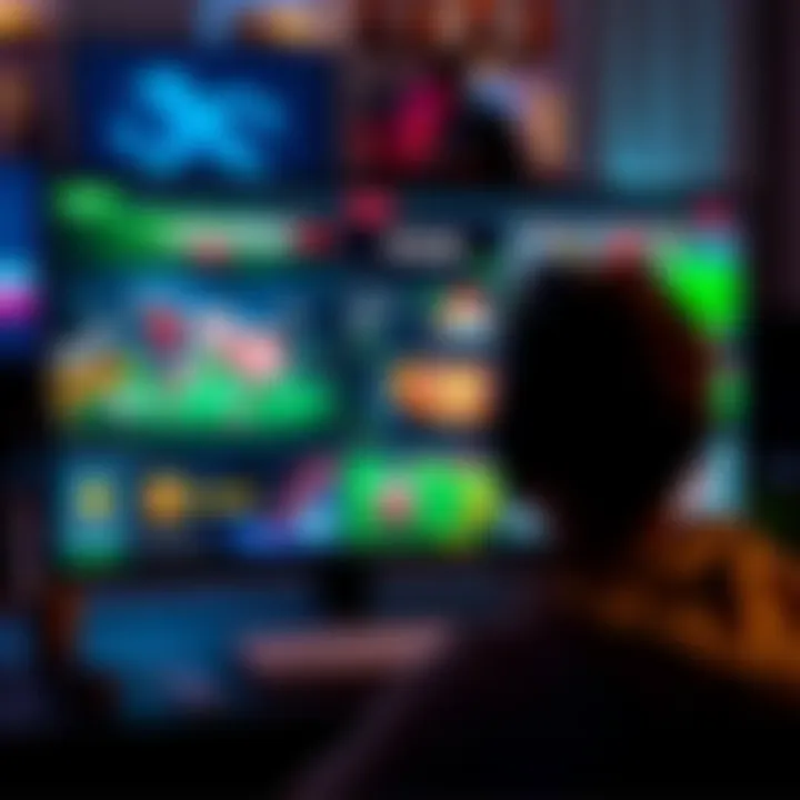 A person looking at various online betting websites on a computer screen with sports and casino graphics, highlighting options for online gambling.