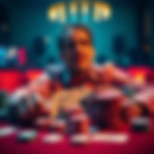 A worried player looking at suspicious online blackjack site with playing cards and chips scattered around