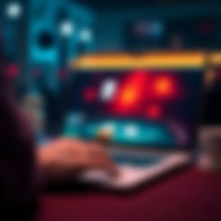 A person playing online Blackjack on a laptop, with cards and chips visible on the screen.