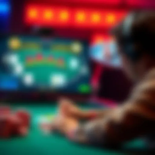 A player focused on an online blackjack game, with cards and chips visible on the screen.