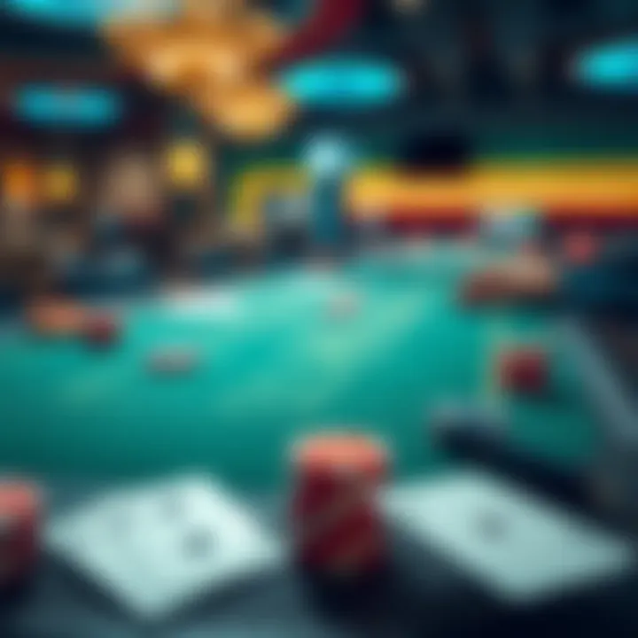 A digital representation of a blackjack table with cards and chips in a casino setting