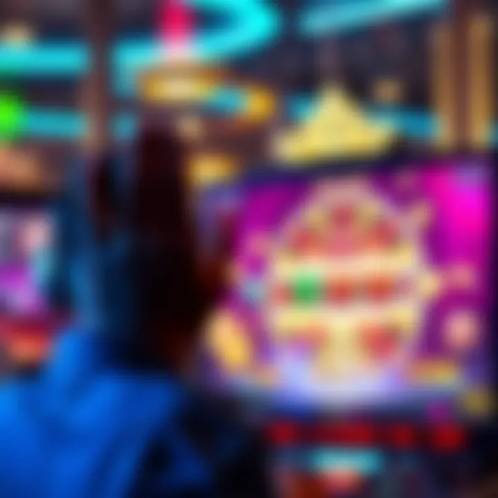 A person placing a bet on an online casino, showing a screen with a spinning slot machine and money symbols.