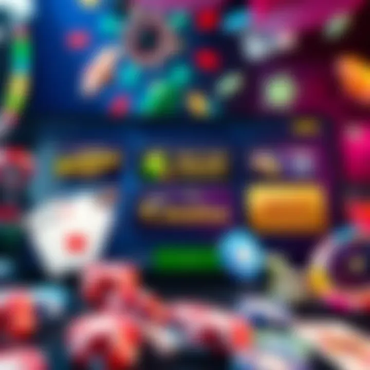 A vibrant graphic showing various online casino bonus offers on a screen, with casino symbols like cards and chips around it.