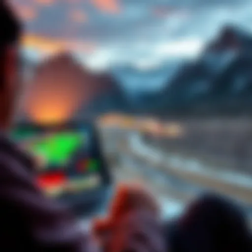 A person playing online casino games on a laptop with a scenic Colorado backdrop.