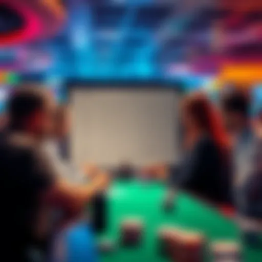 People engaging in a discussion about online casinos and audits in the US and UK, with questions and answers on a board.