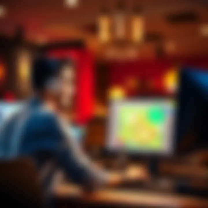 A person sitting at a computer, playing an online casino game with excitement