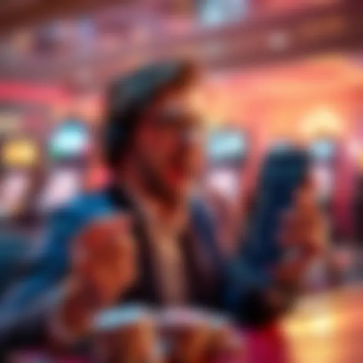 A person celebrating a casino win while looking at a mobile device showing cash withdrawal options