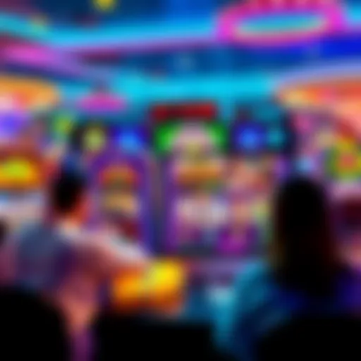 A colorful online casino interface showing various sweepstake games and people engaging with the platform.