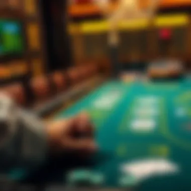 Online Casino Game Table A blackjack table with cards and chips, showing a player contemplating their next move, reflecting concerns about online casinos being manipulated.