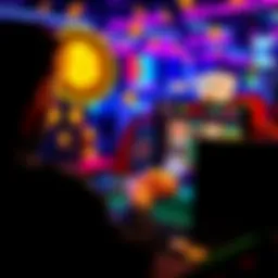 A person playing blackjack and slots on a computer with cryptocurrency symbols around them.