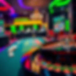 A vibrant setup of online casino games featuring a live dealer, blackjack table, and roulette wheel, representing popular platforms like DraftKings and FanDuel.