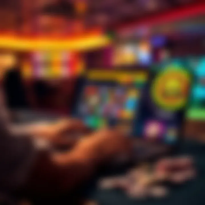 A person playing on an online casino website with colorful graphics on the screen and casino chips scattered around