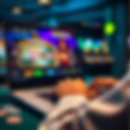 A person playing an online casino game on a laptop with a colorful display of slot machines and cards on the screen.