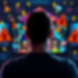 A person looking frustrated at a computer screen displaying a deceptive online casino game, surrounded by dollar signs and warning signs.