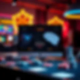 A computer screen displaying a digital casino interface with playing cards and chips, representing online gambling.