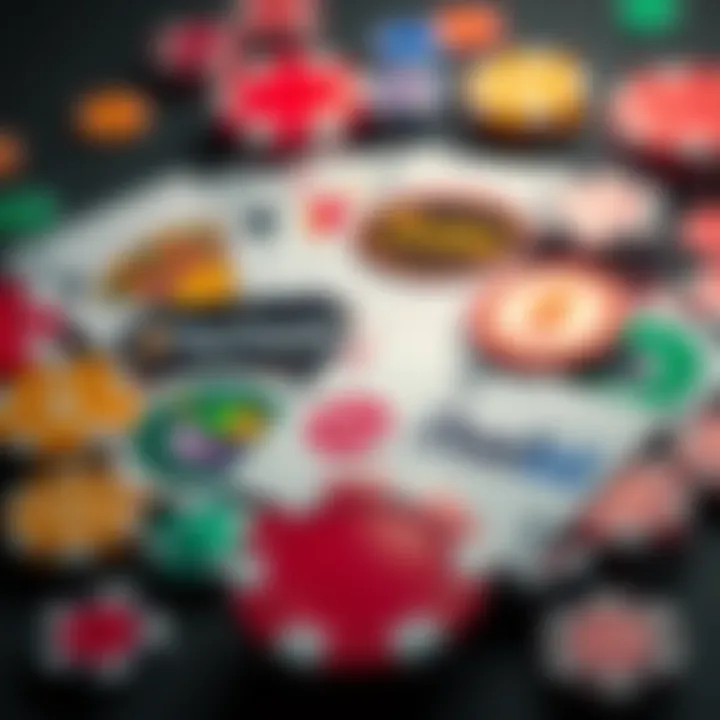 A colorful display of different online casino logos, including TitanTreasure, Stake, Duelbits, and Rollbit, with casino chips and cards around them.
