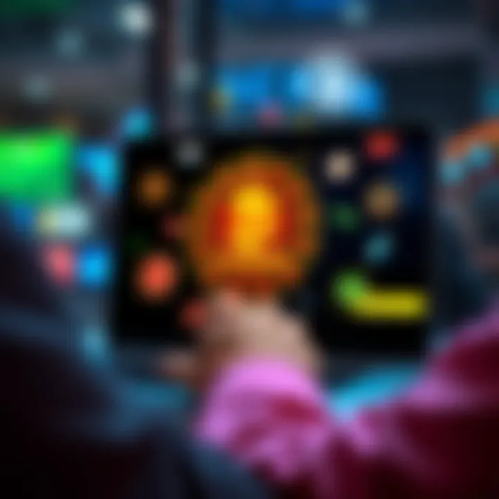 A person using a laptop to access an online casino, with digital payment icons like crypto and e-wallets displayed on the screen.