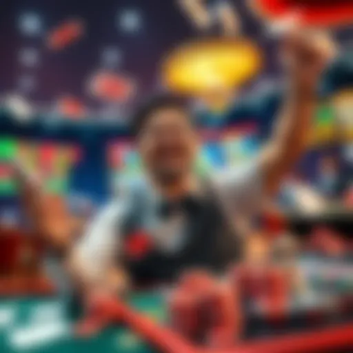 A person celebrating a big win at an online casino, surrounded by gaming symbols like cards and chips.