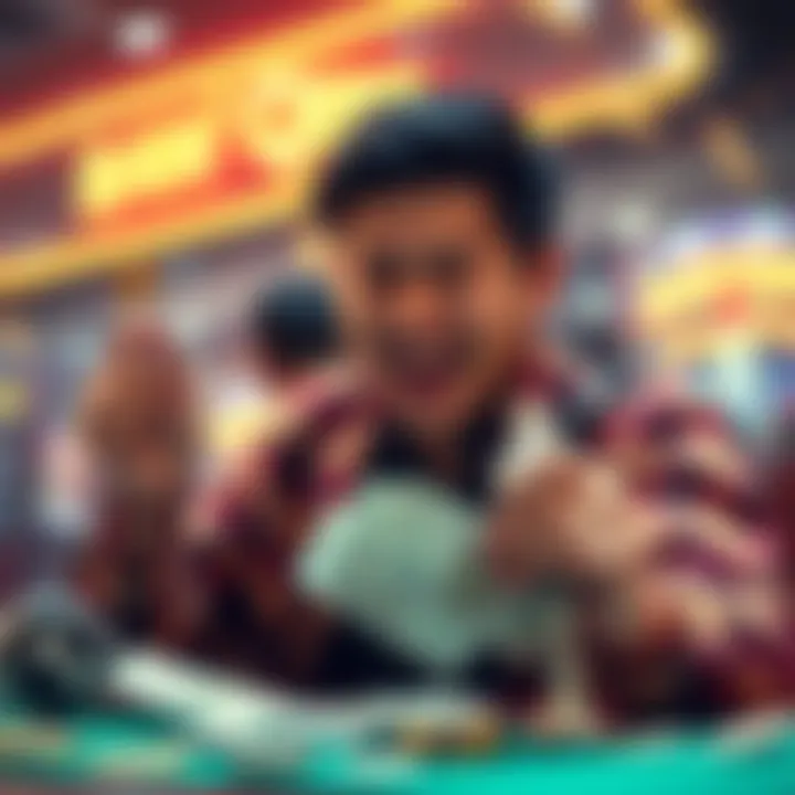 A player celebrating a big win at an online casino, surrounded by digital gaming elements and cash, showing excitement and success.