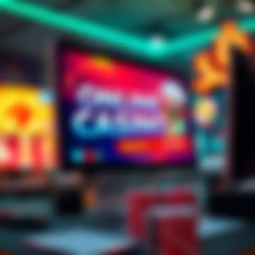 A close-up of a computer screen displaying an online casino promotion banner with bright colors and a large bonus offer.