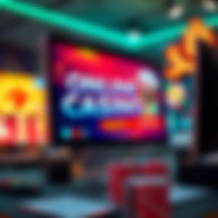 A close-up of a computer screen displaying an online casino promotion banner with bright colors and a large bonus offer.