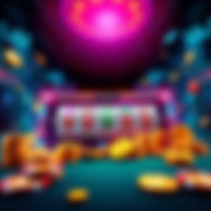 A graphic showing a casino theme with slots and coins symbolizing online gambling rewards.